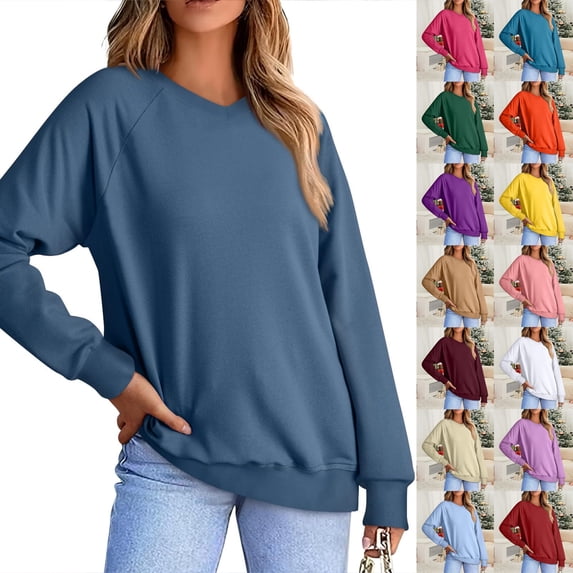 Smsaxvxz V Neck Sweatshirts for Women Casual Long Sleeve Shirts Solid Pullover Tops Fashion Fall Outfits Navy 2XL