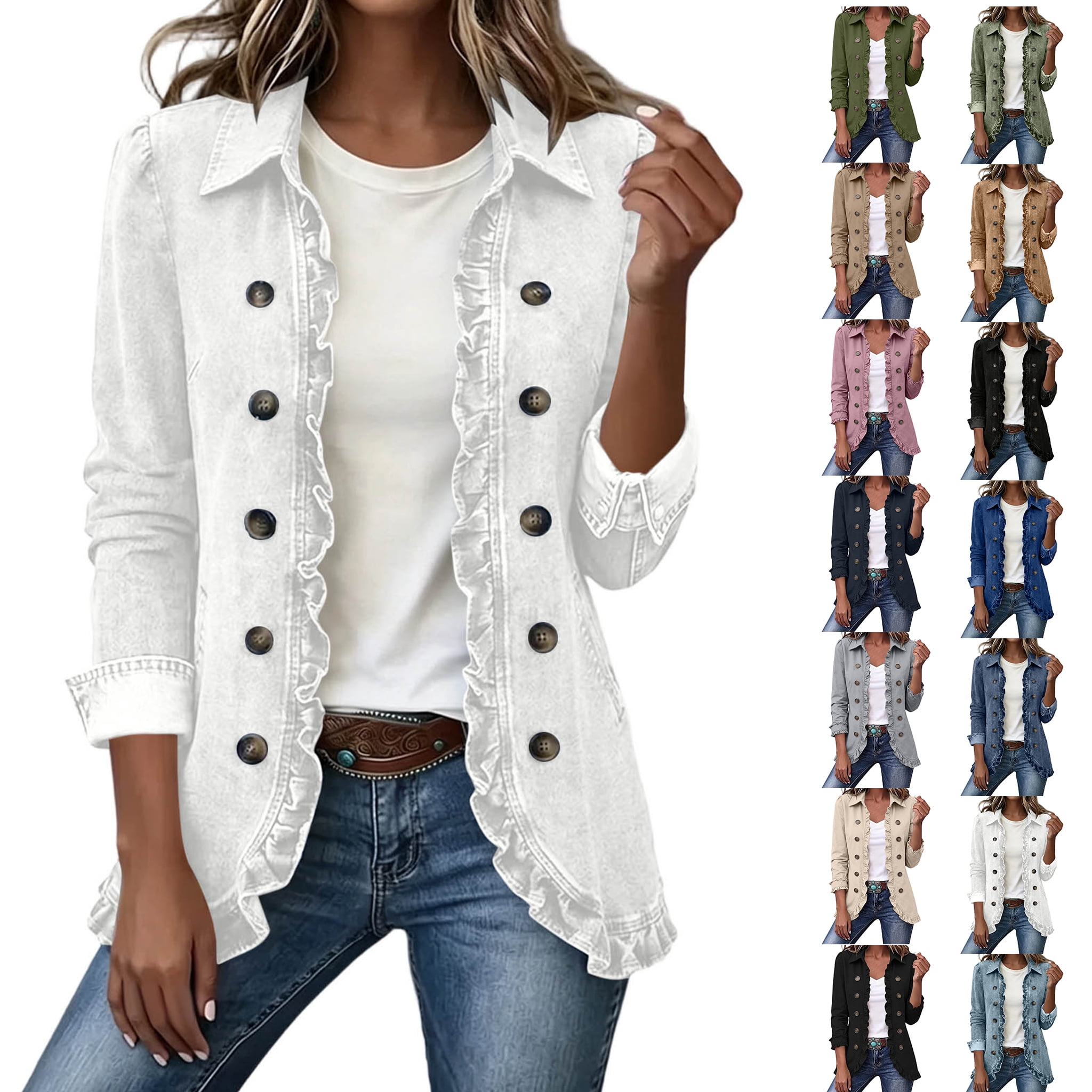 Smsaxvxz Vintage Denim Jacket for Women Casual Long Sleeve Jean ...