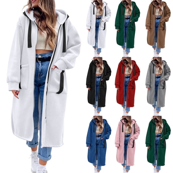 Smsaxvxz Warm Long Hooded Sweatshirts Fall Fashion Solid Long Sleeve Zip Hoodies Casual Oversized Pullover Winter Tops White S