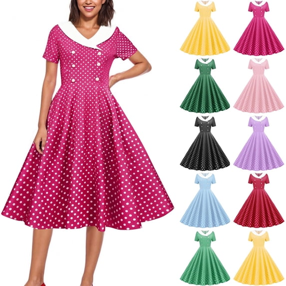 Smsaxvxz Wedding Guest Dresses for Women 2026 Summer Fashion Polka Dots Printed V Neck Short Sleeve A Line Flared Vintage Party Dress Hot Pink XL
