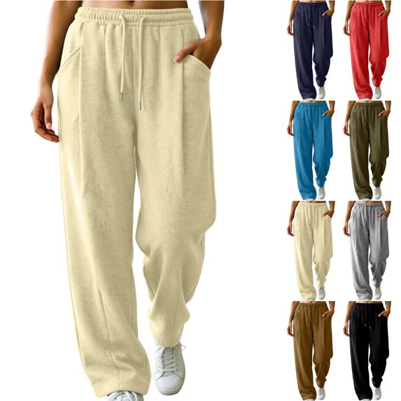 Smsaxvxz Wide Leg Sweatpants for Women Casual High Waisted Baggy Sweatpants Drawstring Workout Pants with Pockets Beige L