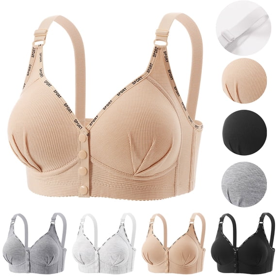 Smsaxvxz Wireless Bras for Women Comfortable Full Coverage Ribbed Adjustable Straps Push Up Support Front Closure Bra Beige