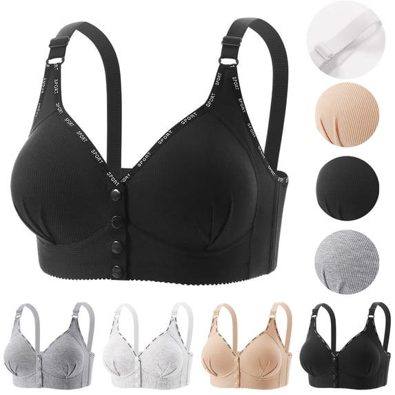 Smsaxvxz Wireless Bras for Women Comfortable Full Coverage Ribbed Adjustable Straps Push Up Support Front Closure Bra Black