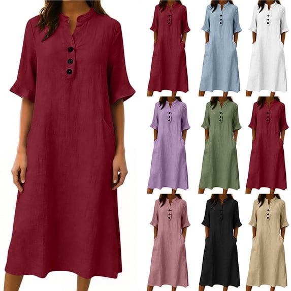 Smsaxvxz Women 2026 Summer Maxi Dress Button V Neck Half Sleeve Pocketed Long Dress Casual Solid Loose Beach Vacation Sundress Wine L
