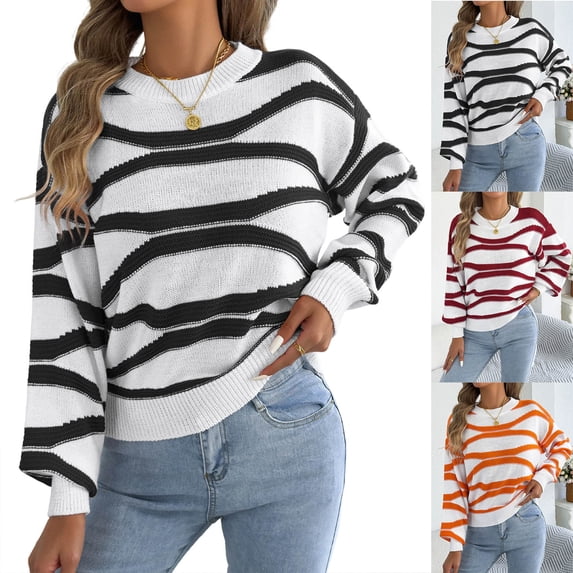 Smsaxvxz Women Crew Neck Knitted Sweater 2026 Fall Winter Fashion Striped Long Sleeve Loose Fit Soft Pullover Tops Black L