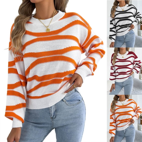 Smsaxvxz Women Crew Neck Knitted Sweater 2026 Fall Winter Fashion Striped Long Sleeve Loose Fit Soft Pullover Tops Orange M