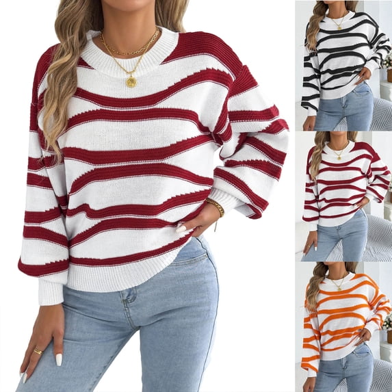 Smsaxvxz Women Crew Neck Knitted Sweater 2026 Fall Winter Fashion Striped Long Sleeve Loose Fit Soft Pullover Tops Wine L