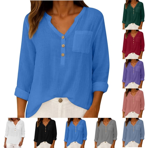 Smsaxvxz Women Summer Cotton Line Tops Fashion Button V Neck Long Sleeve Casual Solid Loose Shirts Blue M