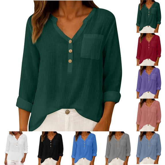 Smsaxvxz Women Summer Cotton Line Tops Fashion Button V Neck Long Sleeve Casual Solid Loose Shirts Green 2XL
