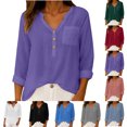 thumbnail image 1 of Smsaxvxz Women Summer Cotton Line Tops Fashion Button V Neck Long Sleeve Casual Solid Loose Shirts Purple M, 1 of 8