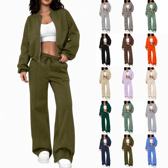 Resource Protection Smsaxvxz Women's 2 Piece Outfits Long Sleeve Zip Up Sweatshirt Wide Leg ...