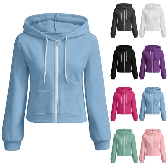 Smsaxvxz Women's 2026 Fall Fashion Zip Up Hoodies Casual Long Sleeve Sweatshirts Winter Sport Jackets with Pockets Light Blue 2XL