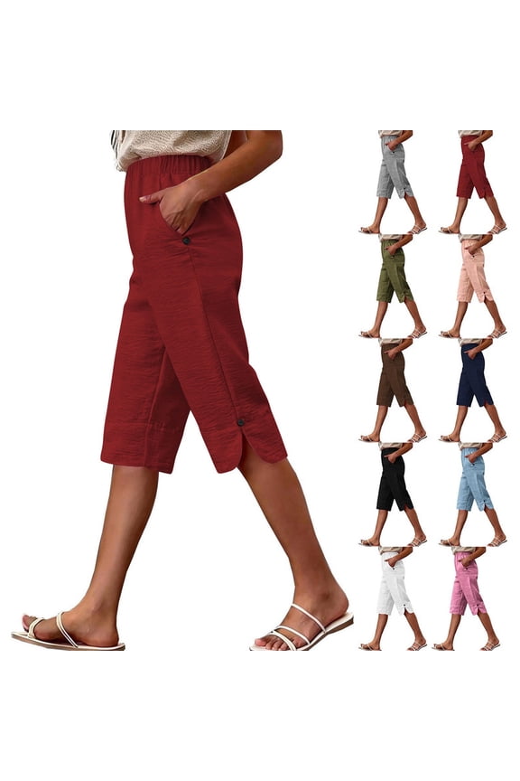 Women's Bermuda Pants Fashion Solid Pockets Casual Summer Beach Shorts Red XL