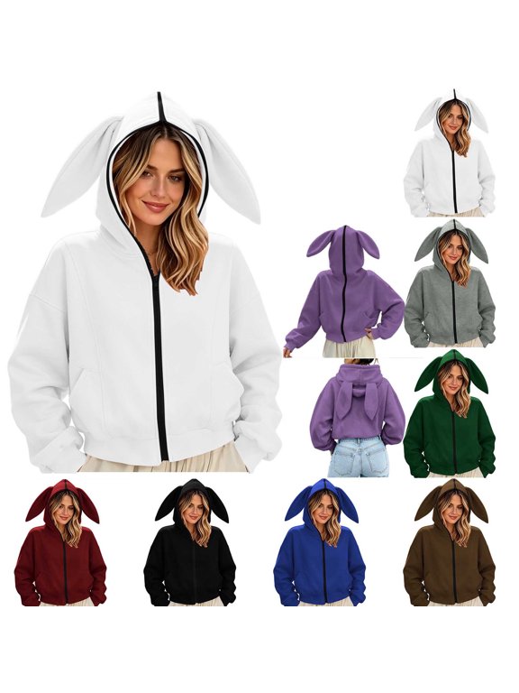 Women's Bunny Ear Zip Up Hoodie Cropped Sweatshirt Fall Winter Fashion Jacket Coat White XL