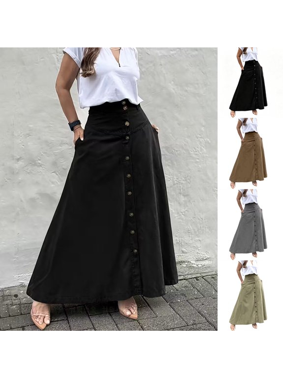 Women's Casual Button Down High Waisted A Line Front Split Maxi Long Skirt with Pockets Black S