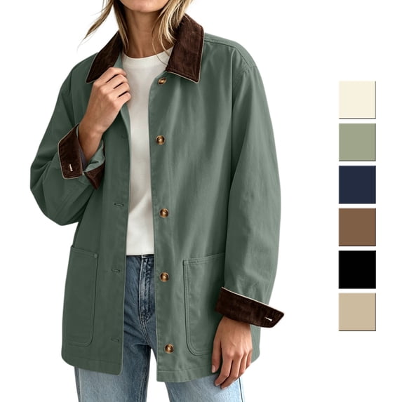 Smsaxvxz Women's Corduroy Collar Jacket Oversized Army Green Utility Coat Casual Fall Outerwear with Pockets