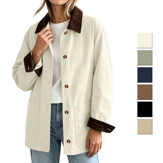 Smsaxvxz Women's Corduroy Collar Jacket Oversized Beige Utility Coat Casual Fall Outerwear with Pockets