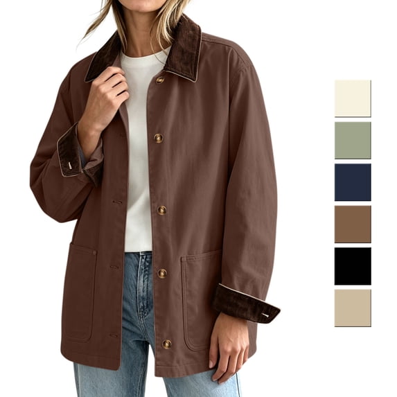 Smsaxvxz Women's Corduroy Collar Jacket Oversized Brown Utility Coat Casual Fall Outerwear with Pockets