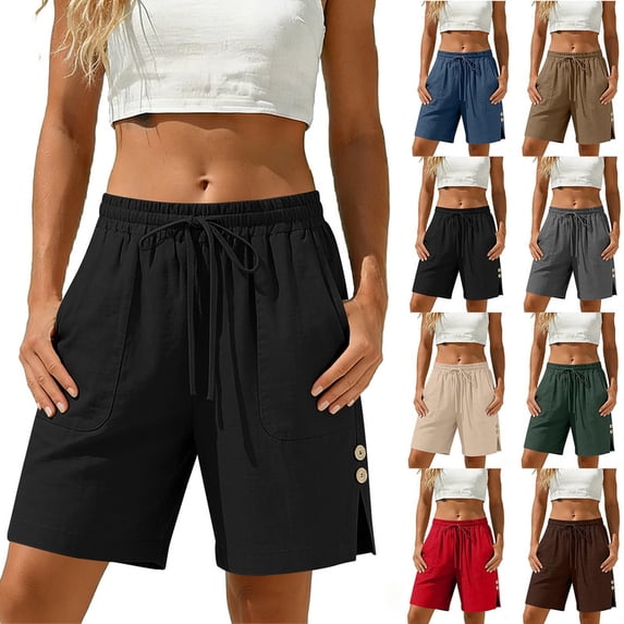 Smsaxvxz Women's Cotton Line Shorts Fashion Drawstring Elastic Waist Shorts with Pockets Casual Solid Loose Beach Shorts Black 2XL