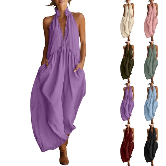 Smsaxvxz Women's Cotton Linen Strap Dresses Fashion Halter Neck Pocket Backless Long Dress Casual Solid Loose Beach Sundress Purple M