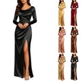 thumbnail image 1 of Smsaxvxz Women's Cowl Neck Satin Maxi Dress Long Sleeve High Slit Formal Evening Gown for Wedding Guest Bridesmaid Party Black S, 1 of 7