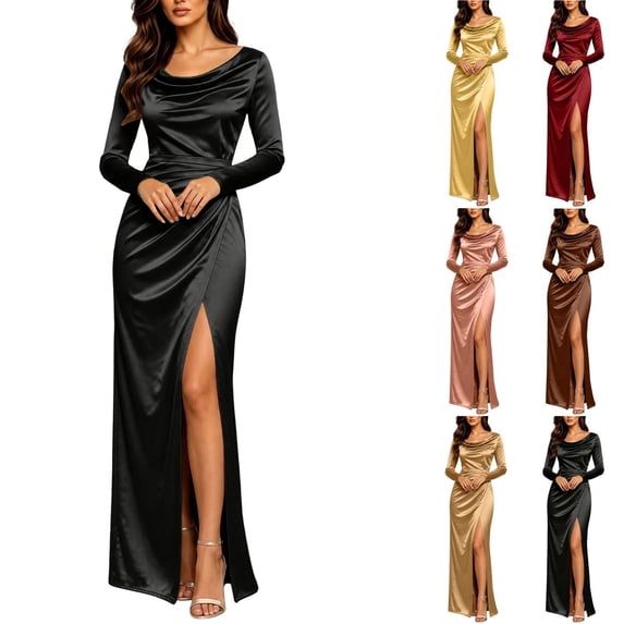 Smsaxvxz Women's Cowl Neck Satin Maxi Dress Long Sleeve High Slit Formal Evening Gown for Wedding Guest Bridesmaid Party Black S
