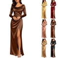 thumbnail image 1 of Smsaxvxz Women's Cowl Neck Satin Maxi Dress Long Sleeve High Slit Formal Evening Gown for Wedding Guest Bridesmaid Party Brown M, 1 of 7