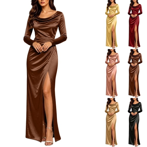 Smsaxvxz Women's Cowl Neck Satin Maxi Dress Long Sleeve High Slit Formal Evening Gown for Wedding Guest Bridesmaid Party Brown M