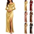thumbnail image 1 of Smsaxvxz Women's Cowl Neck Satin Maxi Dress Long Sleeve High Slit Formal Evening Gown for Wedding Guest Bridesmaid Party Gold L, 1 of 7