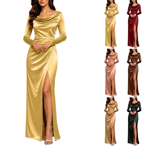 Smsaxvxz Women's Cowl Neck Satin Maxi Dress Long Sleeve High Slit Formal Evening Gown for Wedding Guest Bridesmaid Party Gold L