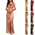 thumbnail image 1 of Smsaxvxz Women's Cowl Neck Satin Maxi Dress Long Sleeve High Slit Formal Evening Gown for Wedding Guest Bridesmaid Party Rose Gold L, 1 of 7