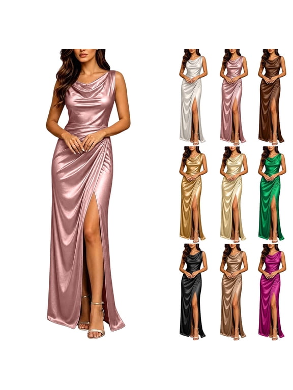 Women's Cowl Neck Sleeveless Satin Maxi Dress High Slit Elegant Formal Gown for Prom Wedding Guest Bridesmaid Occasions Rose Gold L