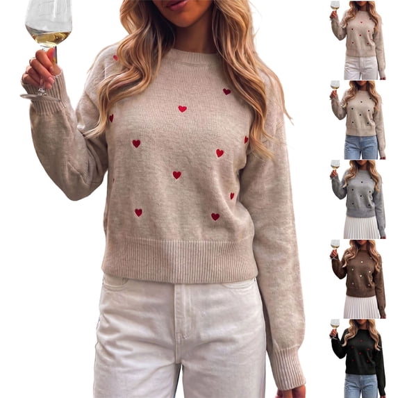 Smsaxvxz Women's Crew Neck Fall Winter Sweaters Fashion Long Sleeve Heart Embroidery Ribbed Knit Pullover Tops Beige M