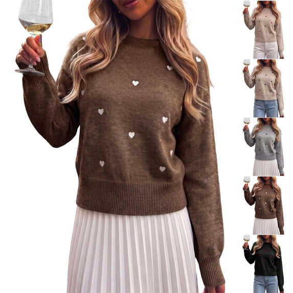 Smsaxvxz Women's Crew Neck Fall Winter Sweaters Fashion Long Sleeve Heart Embroidery Ribbed Knit Pullover Tops Coffee L