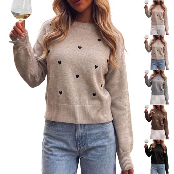 Smsaxvxz Women's Crew Neck Fall Winter Sweaters Fashion Long Sleeve Heart Embroidery Ribbed Knit Pullover Tops Khaki L
