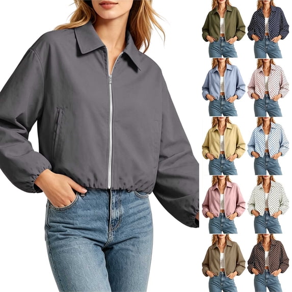 Smsaxvxz Women’s Cropped Bomber Jacket Casual Long Sleeve Zip Up Loose Streetwear Outerwear with Pockets Gray S