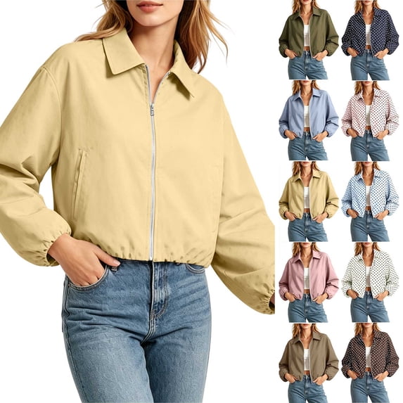 Smsaxvxz Women’s Cropped Bomber Jacket Casual Long Sleeve Zip Up Loose Streetwear Outerwear with Pockets Yellow XL