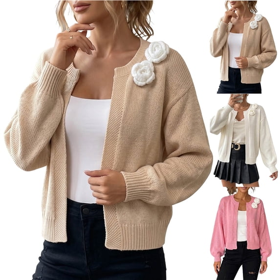 Smsaxvxz Women’s Cropped Cardigan Sweater Lightweight Soft Solid Long Sleeve Fall Spring Jacket Casual Coat Beige S