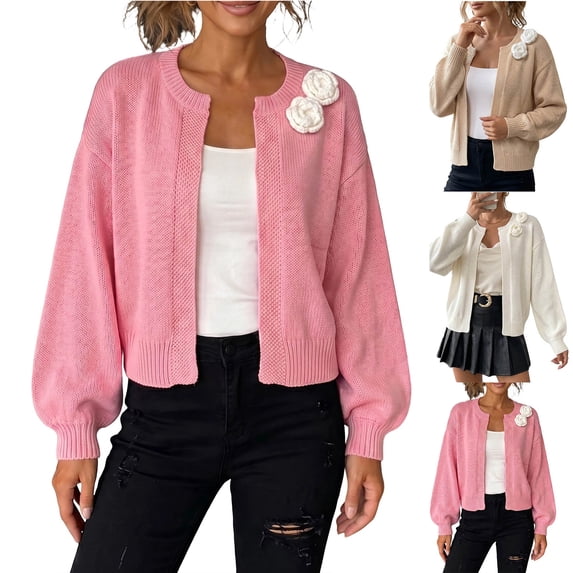 Smsaxvxz Women’s Cropped Cardigan Sweater Lightweight Soft Solid Long Sleeve Fall Spring Jacket Casual Coat Pink L