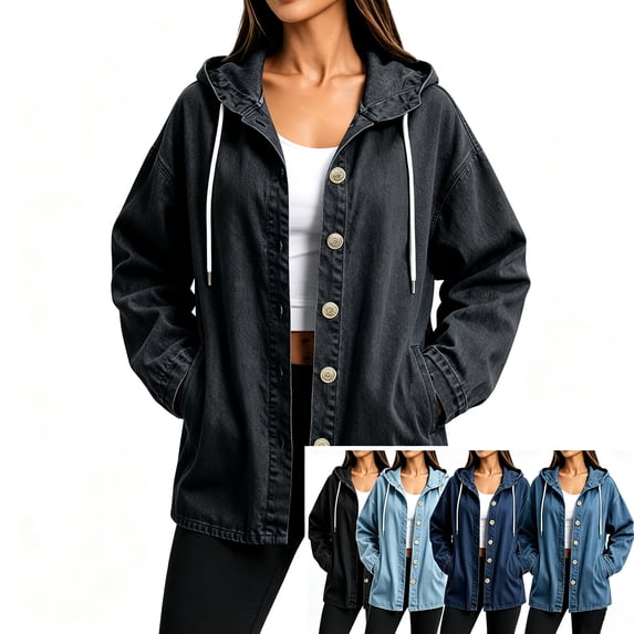 Smsaxvxz Women's Denim Hooded Jacket Fall Fashion Oversized Drawstring Button Jean Coat with Pockets Black XL