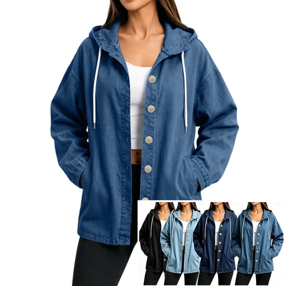 Smsaxvxz Women's Denim Hooded Jacket Fall Fashion Oversized Drawstring Button Jean Coat with Pockets Blue M