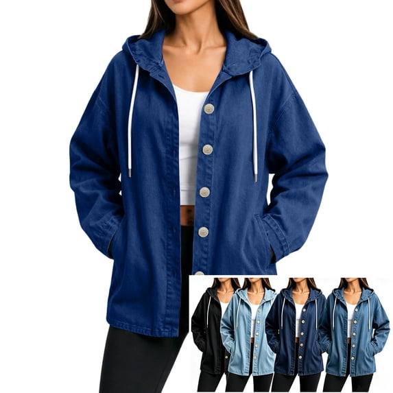 Smsaxvxz Women's Denim Hooded Jacket Fall Fashion Oversized Drawstring Button Jean Coat with Pockets Dark Blue XL