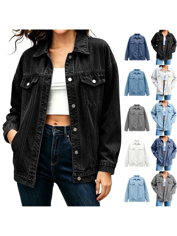 Women's Denim Jackets Spring Fall Fashion Vintage Button Down Long Sleeve Jean Coat with Pocket Black S