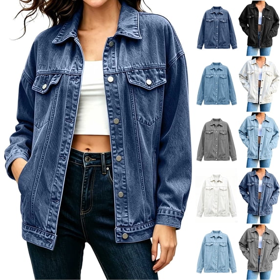 Smsaxvxz Women's Denim Jackets Spring Fall Fashion Vintage Button Down Long Sleeve Jean Coat with Pocket Blue 2XL