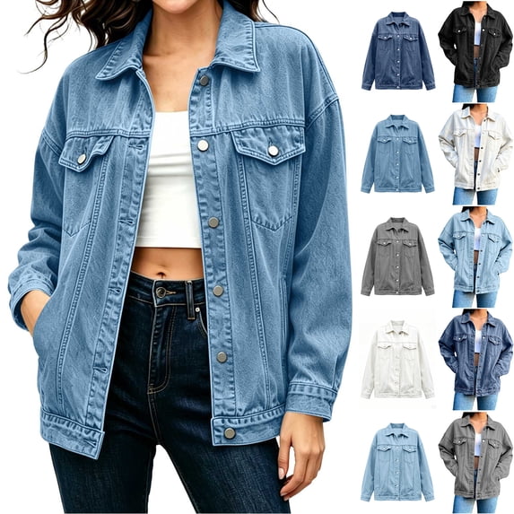 Smsaxvxz Women's Denim Jackets Spring Fall Fashion Vintage Button Down Long Sleeve Jean Coat with Pocket Sky Blue 2XL