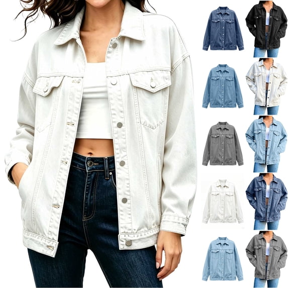 Smsaxvxz Women's Denim Jackets Spring Fall Fashion Vintage Button Down Long Sleeve Jean Coat with Pocket White 2XL
