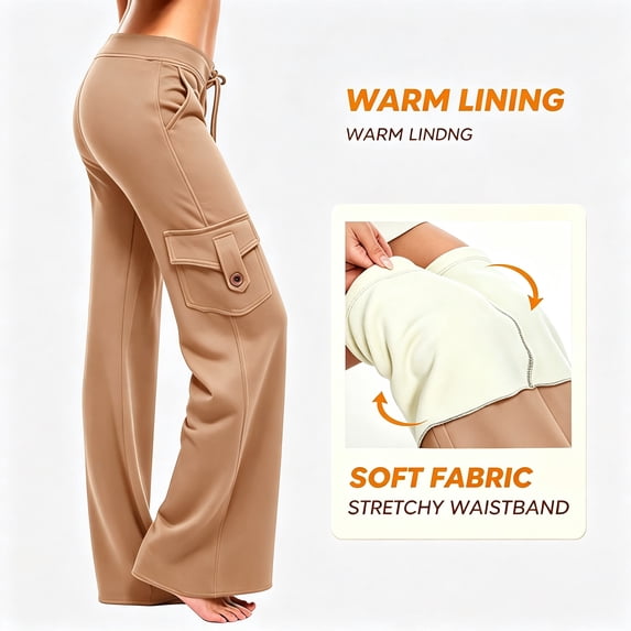 Smsaxvxz Women's Fleece Lined Cargo Wide Leg Pants Drawstring High Waist Thermal Winter Stretchy Casual Yoga Pants with Pockets