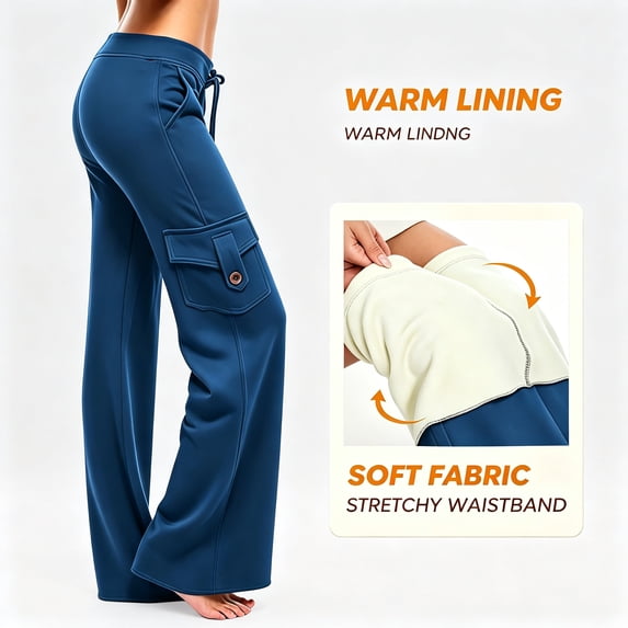 Smsaxvxz Women's Fleece Lined Cargo Wide Leg Pants Drawstring High Waist Thermal Winter Stretchy Casual Yoga Pants with Pockets