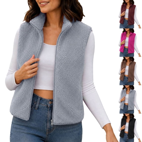 Smsaxvxz Women's Fleece Vest with Zip Pockets Lightweight Solid Sleeveless Warm Tops for Work Travel Outdoor Blue 2XL