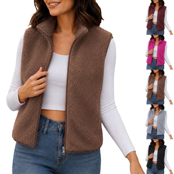 Smsaxvxz Women's Fleece Vest with Zip Pockets Lightweight Solid Sleeveless Warm Tops for Work Travel Outdoor Brown 2XL